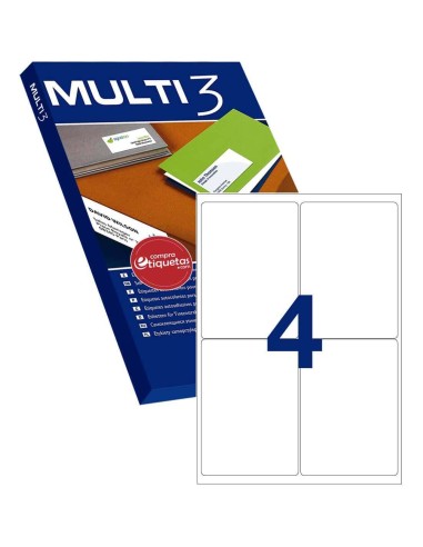 Paquete con 100 hojas de etiquetas imprimibles Multi3 10501 con 4 etiquetas por hoja. Tienen los cantos Romos.