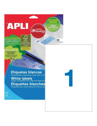 Etiquetas Blancas Cantos Rectos 210x297 mm 25H Apli 01215