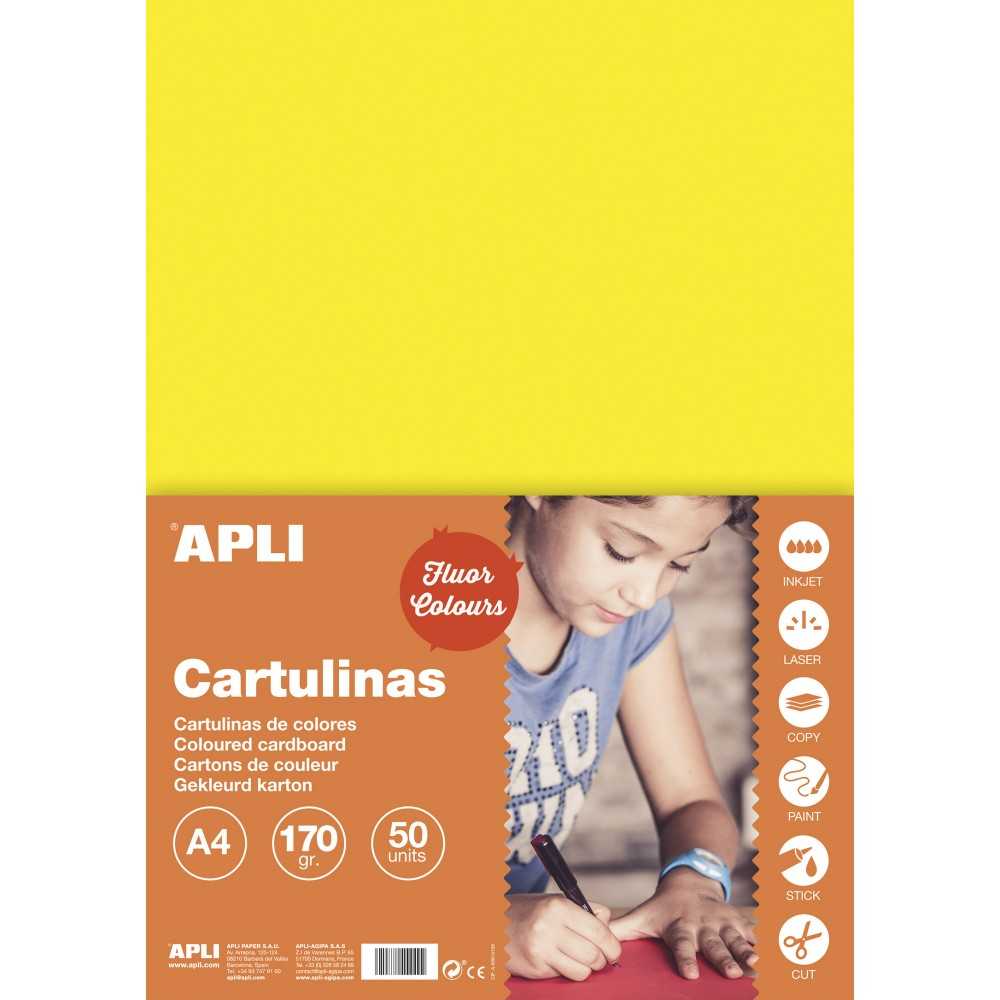 50 Hojas Cartulina Amarillo Fluor  A4 170 gr  Apli 14252 COMPRAETIQUETAS