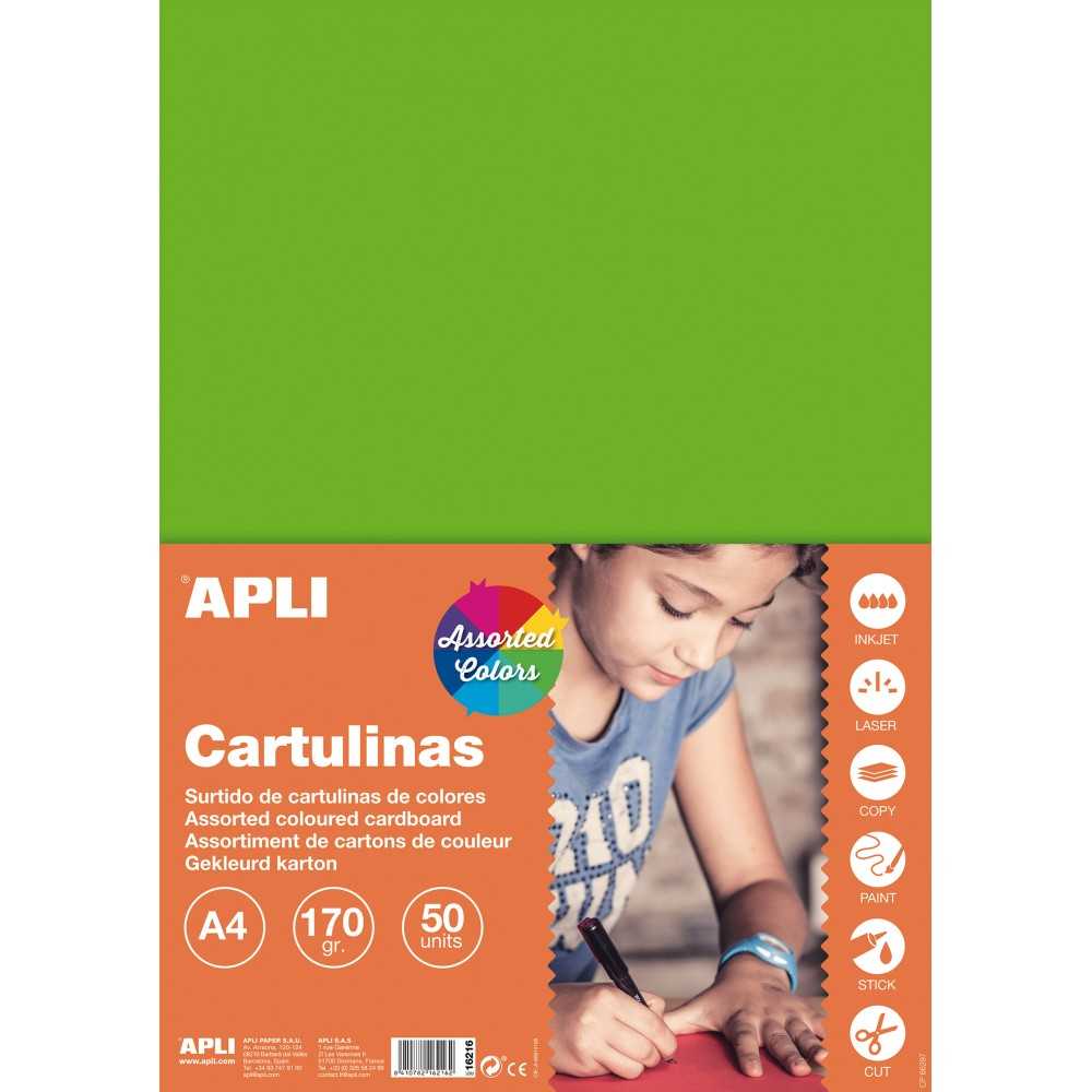 50 Hojas Cartulina Surtido Fluor A4 170 gr Apli 16216 COMPRAETIQUETAS