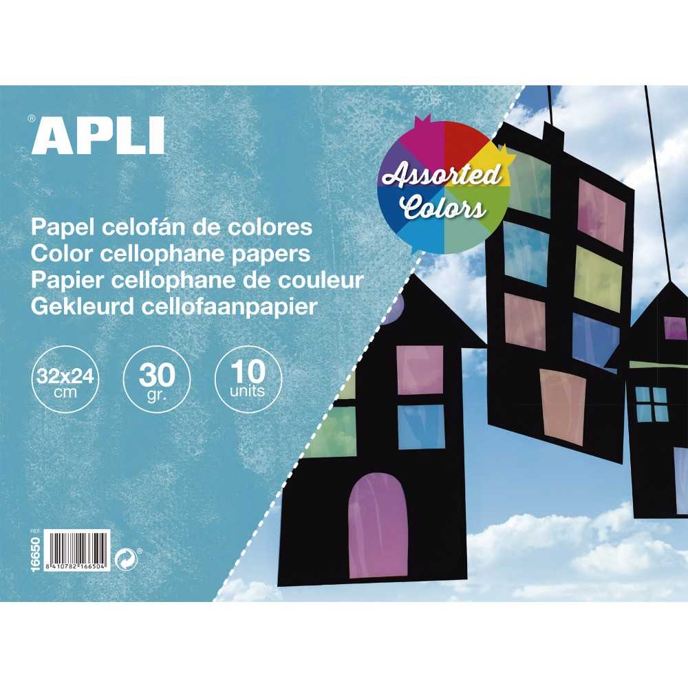 10H. Papel Celofán Colores Surtidos 32 x 24cm Apli 16650 COMPRAETIQUETAS