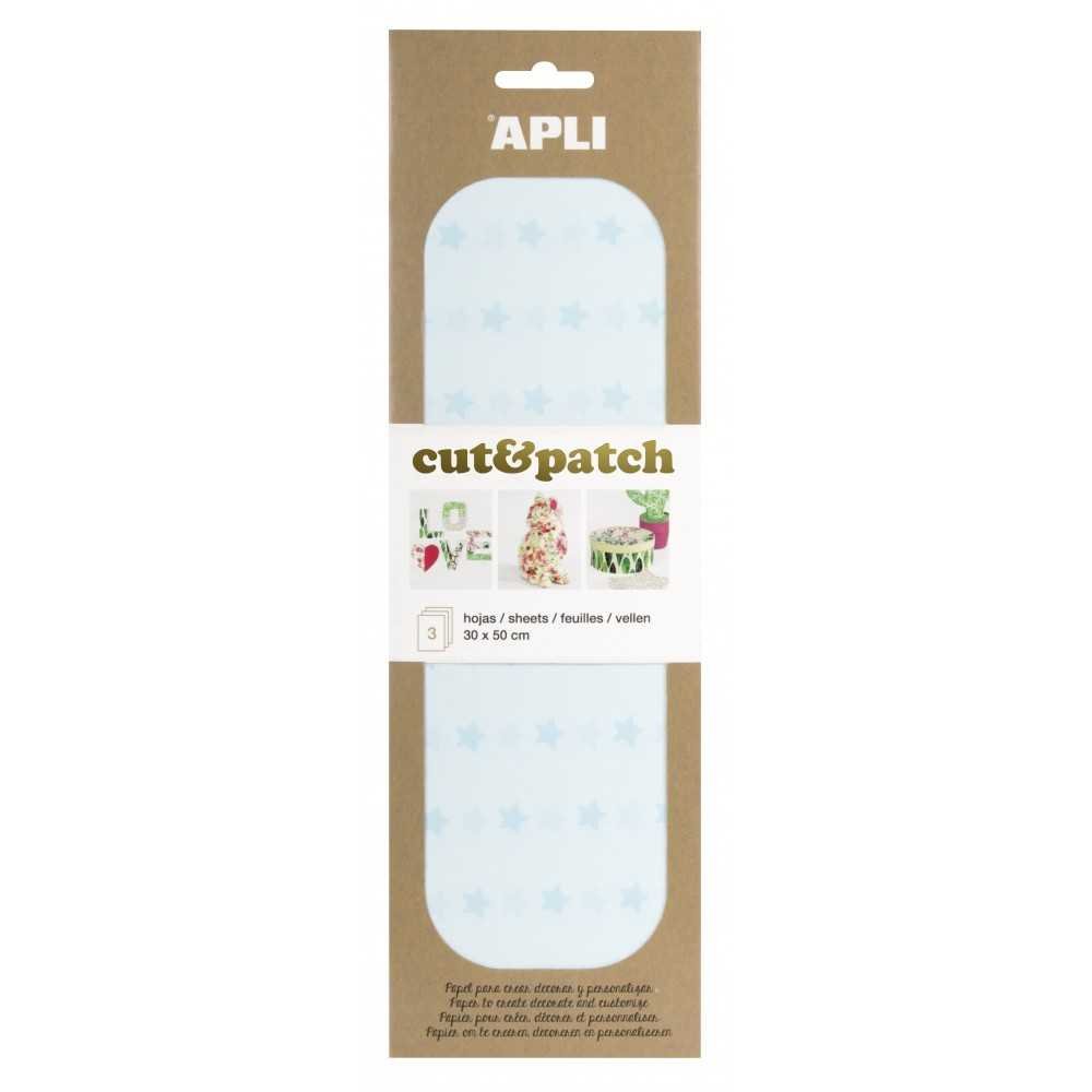 3 Hojas 30x50cm Papel Decopatch Modelo Estrellas Azul Pastel Apli 17228 COMPRAETIQUETAS
