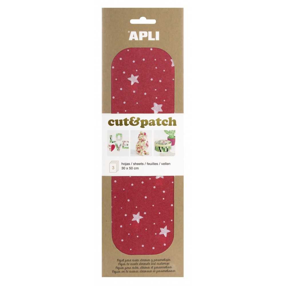 3 Hojas 30x50cm Papel Decopatch Modelo Estrellas Fondo Rojo Apli 17222 COMPRAETIQUETAS