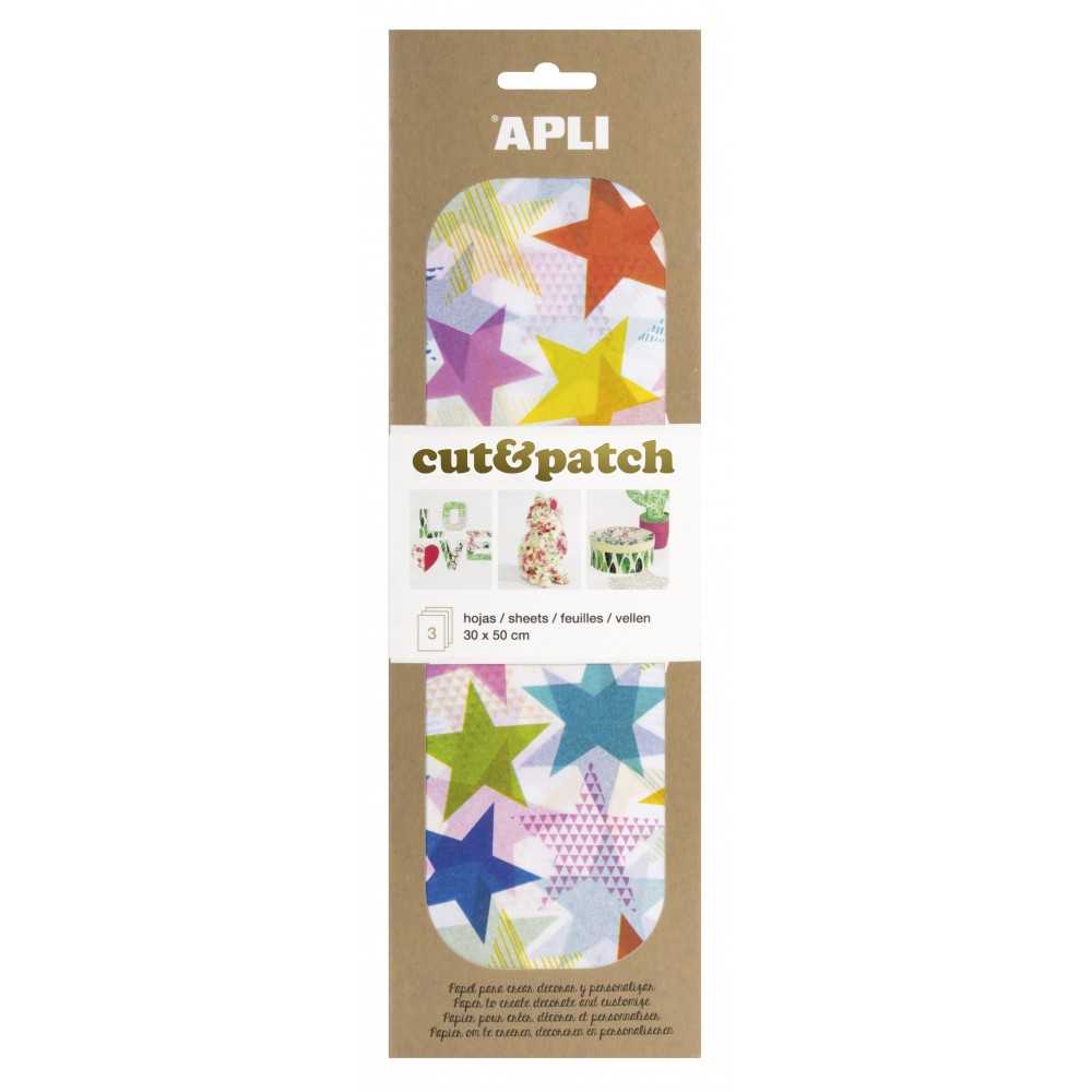 3 Hojas 30x50cm Papel Decopatch Modelo Estrellas Colores Apli 17220 COMPRAETIQUETAS