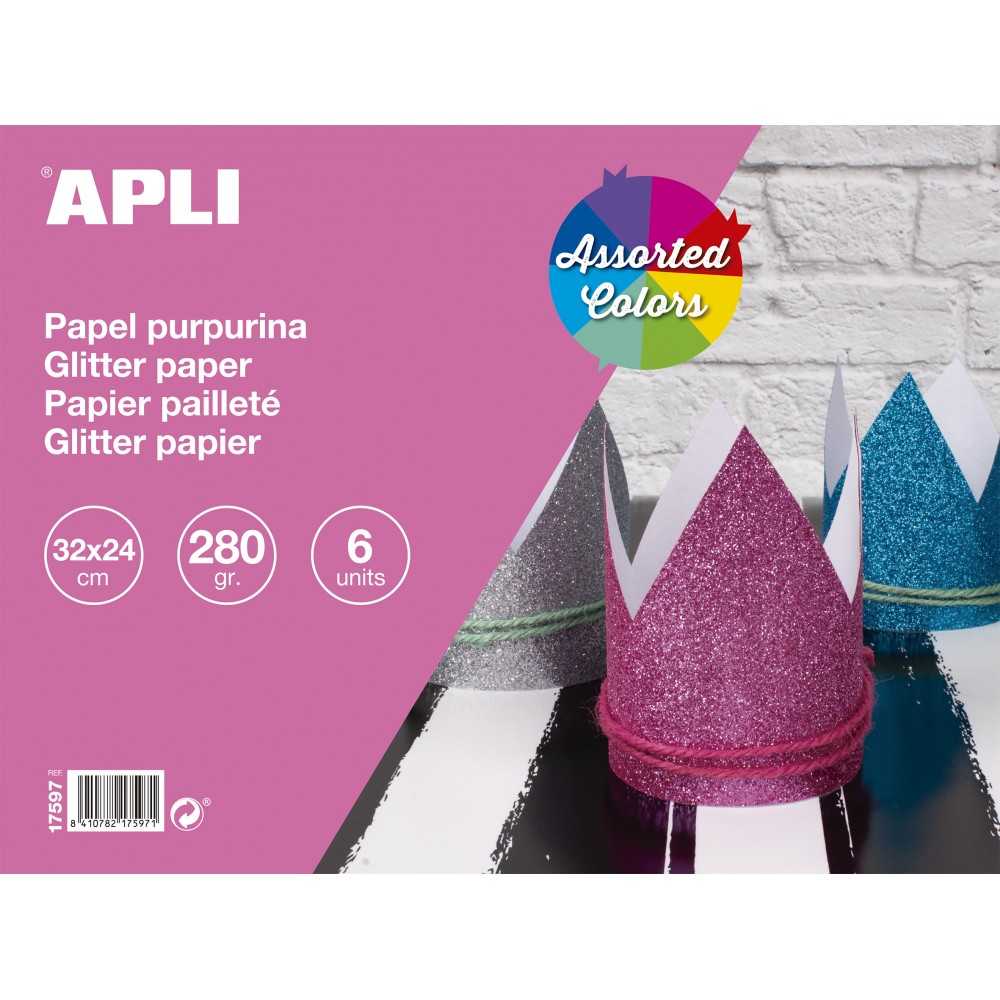 6H Papel Purpurina Glitter Colores Surtidos 32x24cm Apli 17597 COMPRAETIQUETAS
