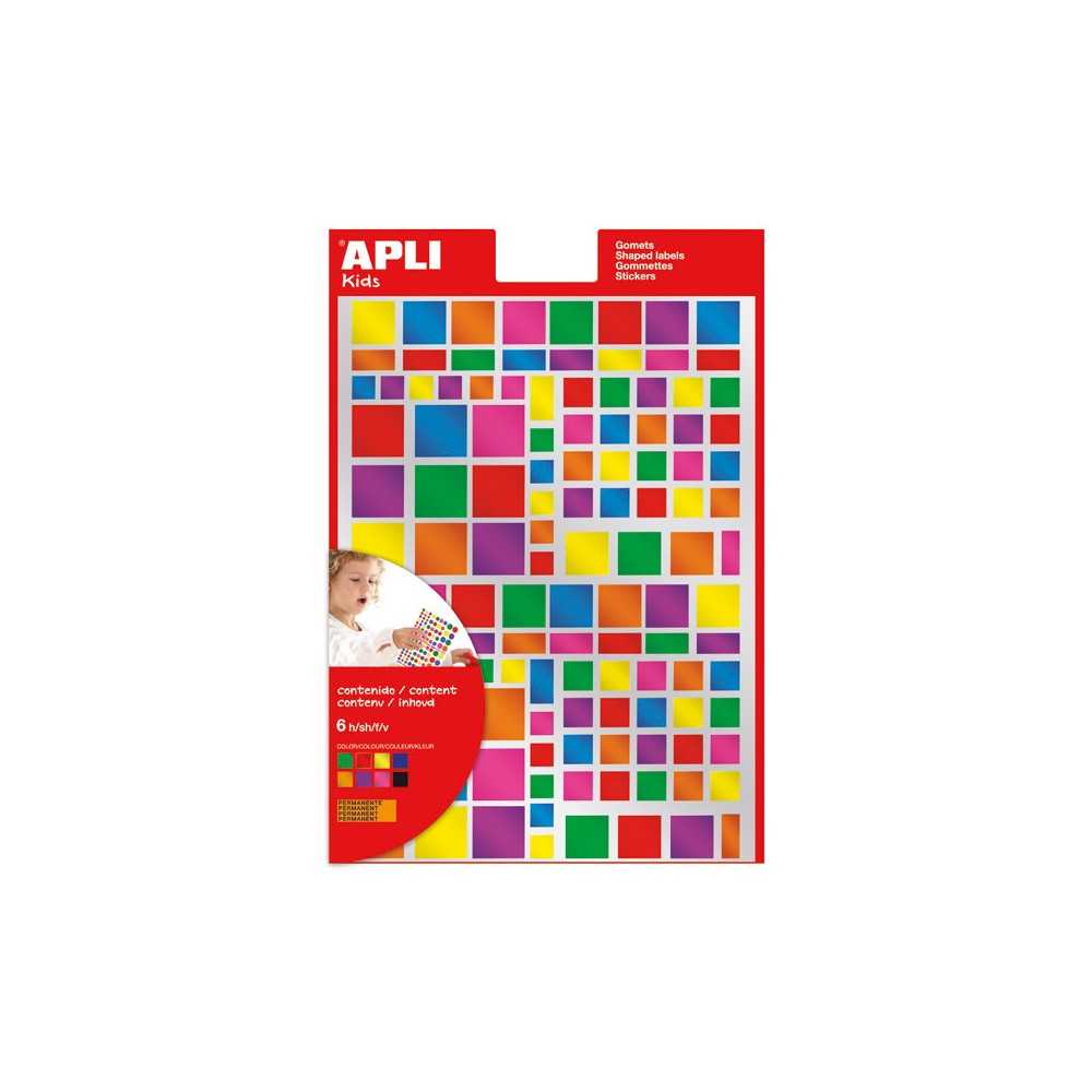 Bolsa de gomets multicolor cuadrado 6 hojas adhesivo removible APLI Kids 