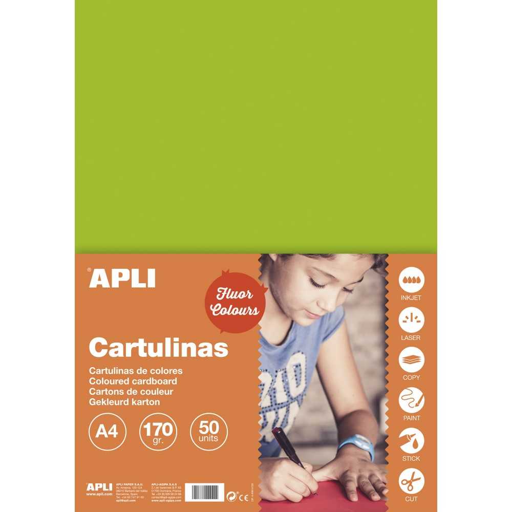 50 Hojas Cartulina Color Verde Fluor A4 170Gr Apli 14249 COMPRAETIQUETAS