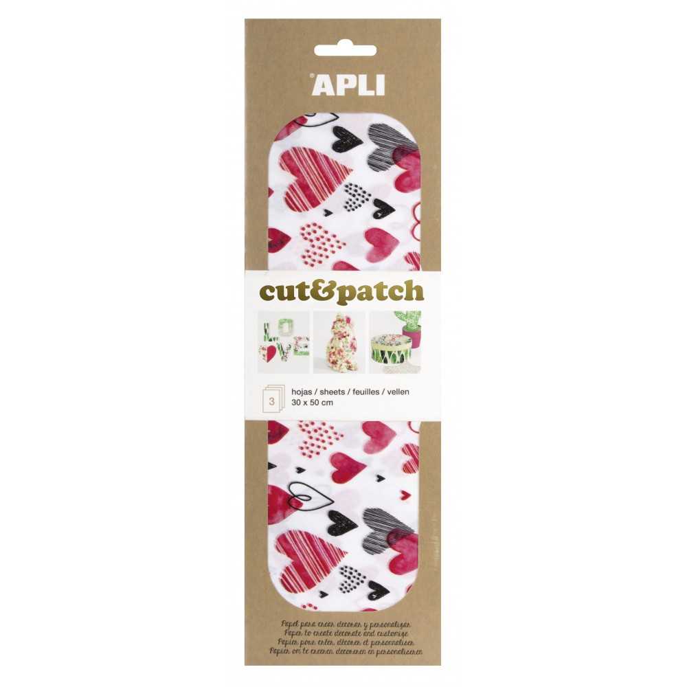 3 Hojas 30x50cm Papel Decopatch Modelo Corazones  Apli 17224 Compraetiquetas
