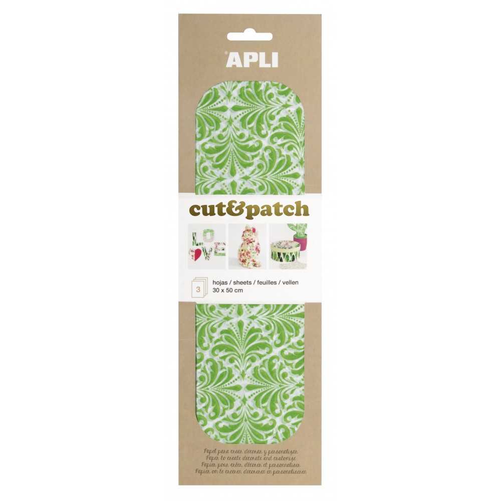 3 Hojas 30x50cm Papel Decopatch Verde Blanco Apli 17232 COMPRAETIQUETAS